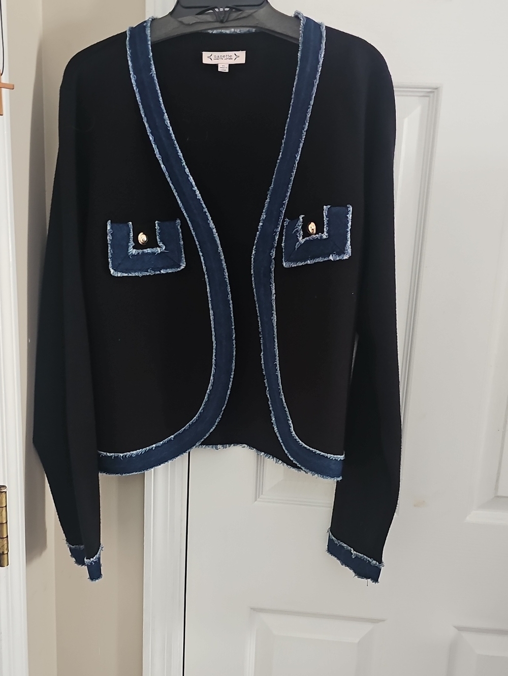 Nanette Lepore Black Sweater Blazer with Blue Denim Trim